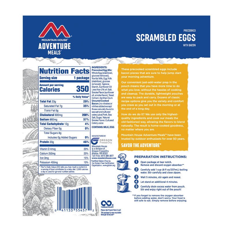 Mountain House Precooked Scramble eggs with Bacon 2.2 oz Pouch - BeReadyFoods.com