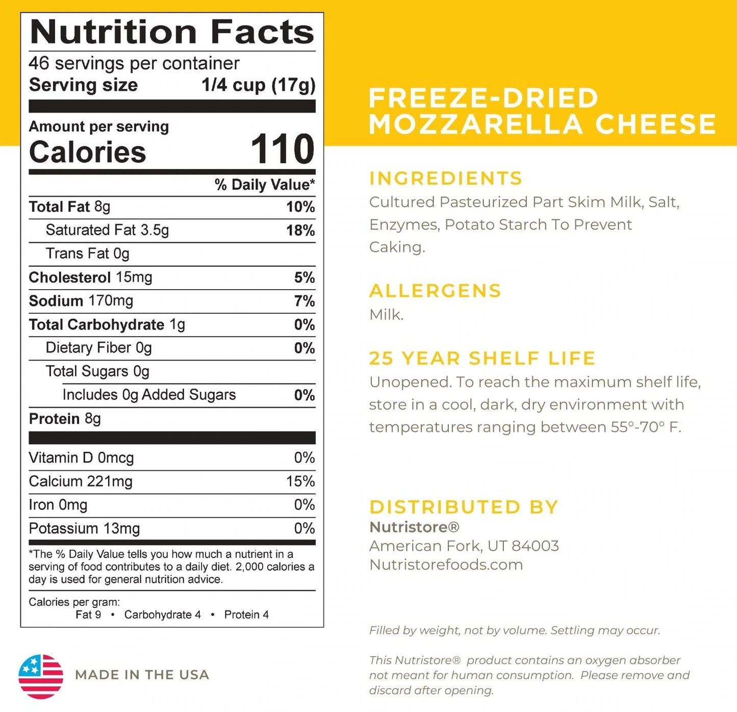 NutriStore Freeze Dried Mozzarella Cheese 27.5 oz #10 - BeReadyFoods.com