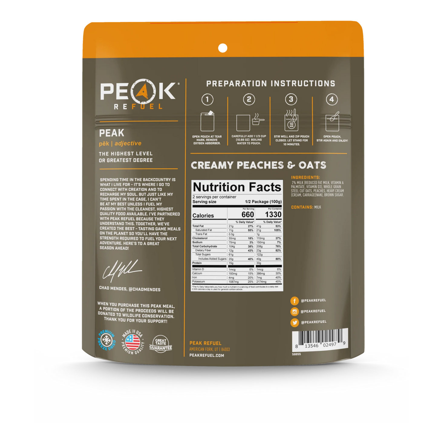 PEAK Creamy Peaches and Oats Pouch 7.05 Pouch - BeReadyFoods.com