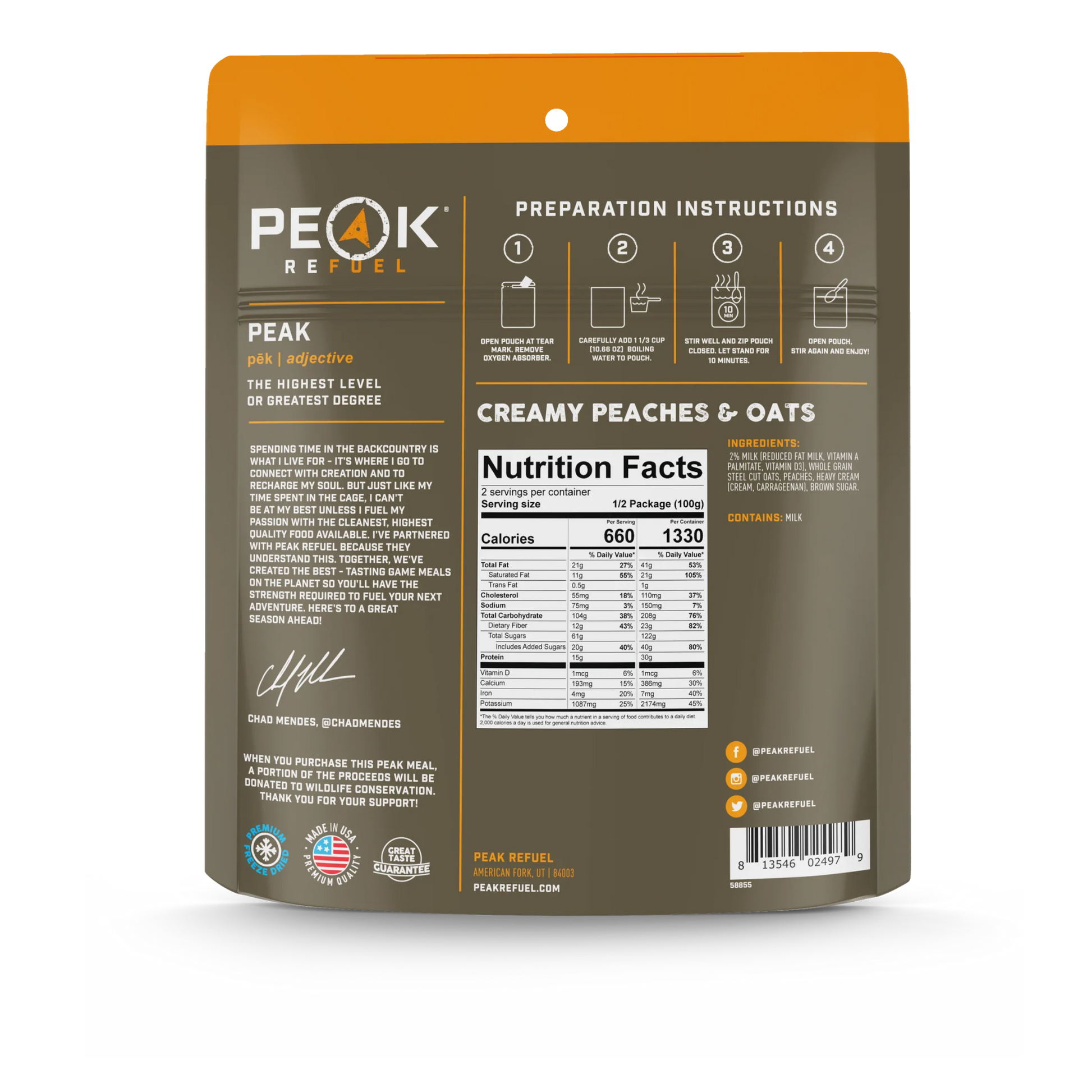 PEAK Creamy Peaches and Oats Pouch 7.05 Pouch - BeReadyFoods.com