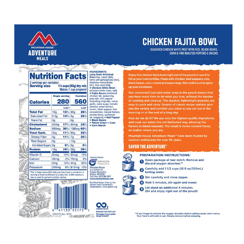 Freeze Dried Chicken Fajita Bowl 4.2 oz Pouch BeReadyFoods.com