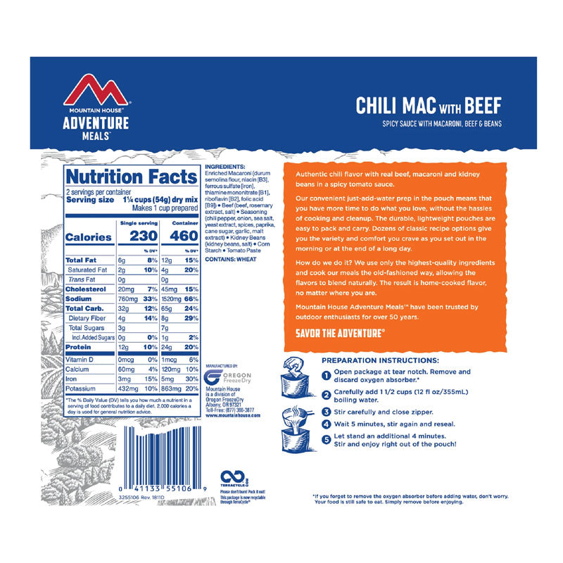 Freeze Dried Chili Mac with Beef 3.8 oz Pouch BeReadyFoods.com