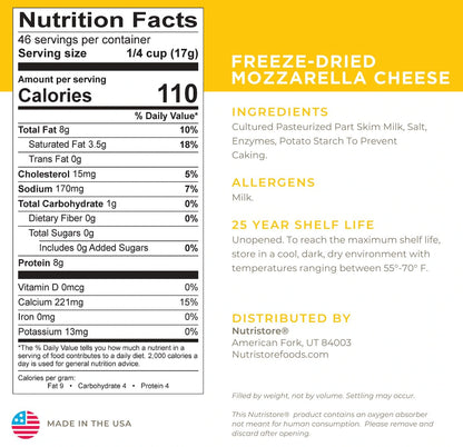 NutriStore Freeze Dried Mozzarella Cheese 27.5 oz  #10 Nutristore